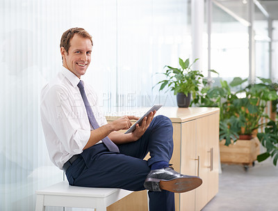Buy stock photo Portrait, relax and man in office with tablet, sales review or profit report at online consulting agency. Internet, business growth or development for happy businessman on digital app for budget plan