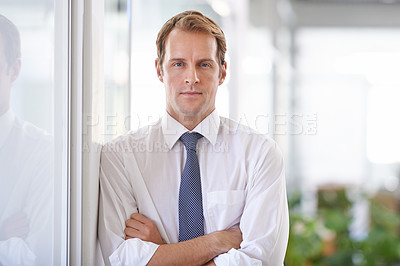 Buy stock photo Portrait, confident or man to relax in business, work or office of successful startup in Australia. Businessman, proud or ready to succeed in professional, corporate or executive career as banker