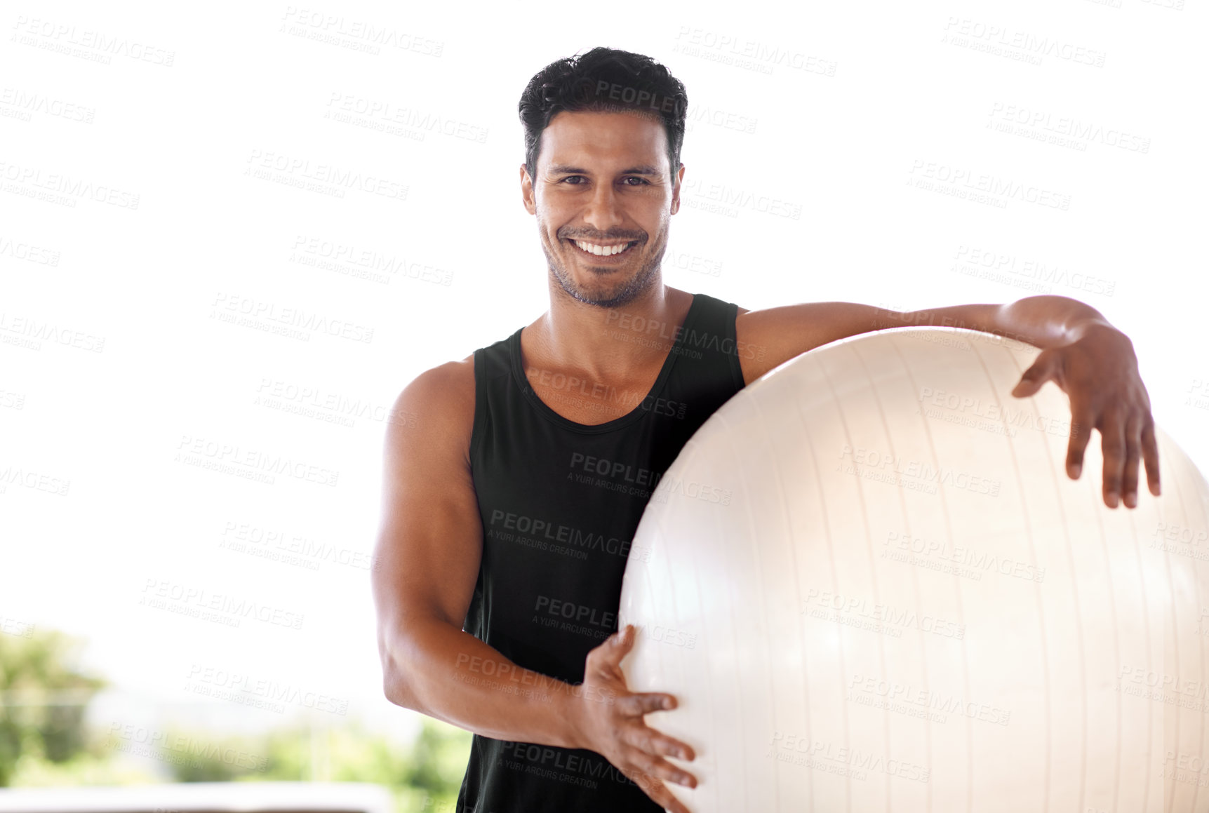 Buy stock photo Portrait, happy man and pilates ball for training, exercise or workout outdoor for healthy body in Brazil. Face, smile or person with equipment for sport, wellness or physical fitness on mockup space