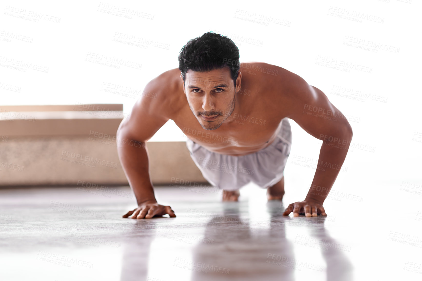 Buy stock photo Man, push up and exercise training or gym challenge with healthy performance, wellness or muscle. Male person, arms and sports workout for calisthenics routine or physical activity, core or warm up