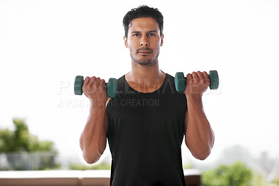 Buy stock photo Portrait, dumbbell and serious man outdoor for training, exercise and sports to workout for power. Bodybuilder, face or strong person weightlifting for fitness, health or wellness in nature in Brazil