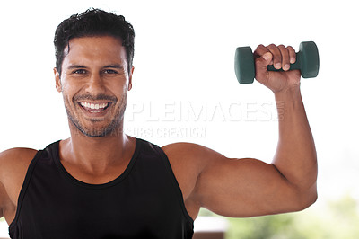 Buy stock photo Portrait of an enthusiastic man lifting dumbbells