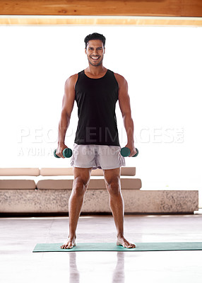 Buy stock photo Man, portrait and dumbbell workout or weightlifting routine in home or healthy training, athlete or exercise. Male person, face and equipment or wellness strong or muscle growth, warm up or practice