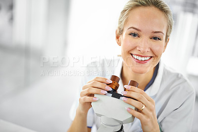 Buy stock photo Happy woman, portrait and scientist with microscope for biology, chemistry or forensics at lab. Face of female person or medical expert with smile for test, exam or scientific research at laboratory