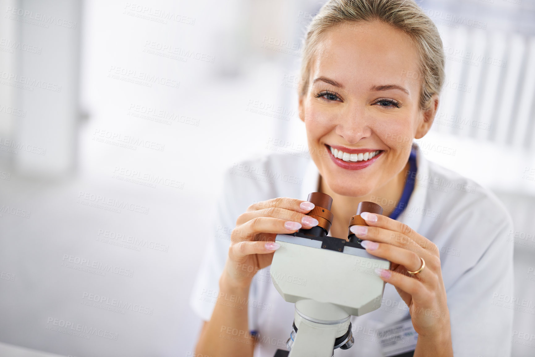 Buy stock photo Happy woman, portrait and research scientist with microscope exam, test or scientific discovery at laboratory. Face of female person or medical expert with smile or scope for breakthrough in biology