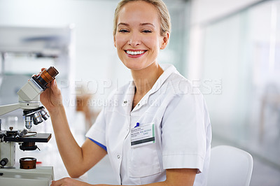 Buy stock photo Portrait, microscope or woman scientist in laboratory for research, medical analysis or test experiment. Solution, investigation or happy science expert with smile for future development or results