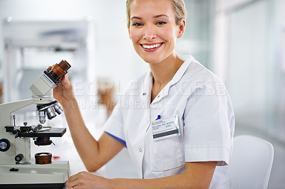 Buy stock photo Smile, microscope or portrait of scientist or woman in laboratory for research, medical analysis or test. Proud, investigation or happy science expert with solution for future development or results