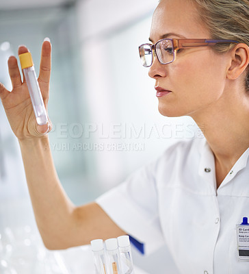 Buy stock photo Liquid, test tube or woman scientist in laboratory for sample research, medical exam or virus experiment. Solution, review or science expert with vaccine cure for future development or dna results