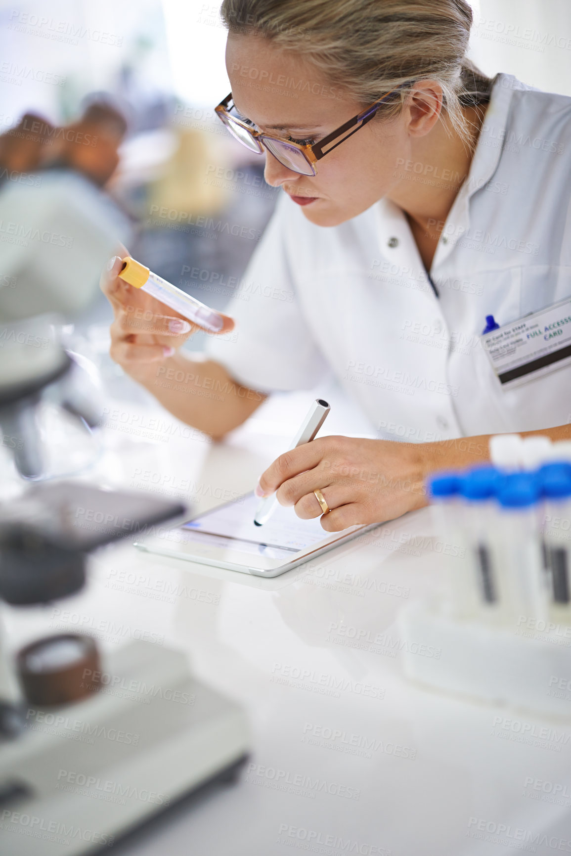 Buy stock photo Woman, laboratory and writing with vial for experiment, test or exam in laboratory research or discovery. Female person or medical professional reading capsule, information or symptoms of drug at lab