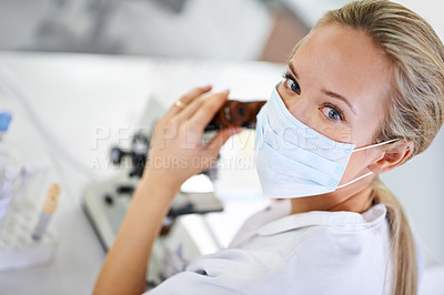 Buy stock photo Woman, portrait and mask with microscope of scientist for research, forensic science or results at laboratory. Female person or medical expert looking with scope in exam, test or scientific discovery