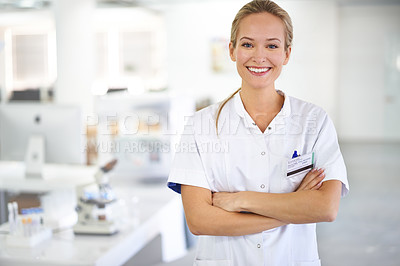 Buy stock photo A cropped portrait of a beautiful scientist standing in her lab