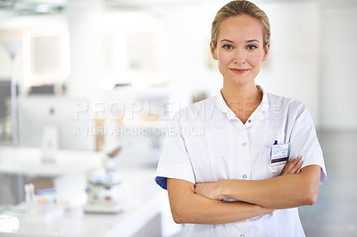 Buy stock photo Happy woman, portrait and scientist with confidence of healthcare professional at laboratory. Face of female person or medical researcher with smile, arms crossed or PHD for career or research at lab