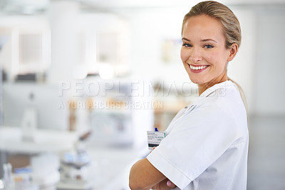 Buy stock photo Happy woman, portrait and professional with arms crossed for healthcare or science at laboratory. Face of female person or medical researcher smile in confidence for PHD or career ambition at the lab