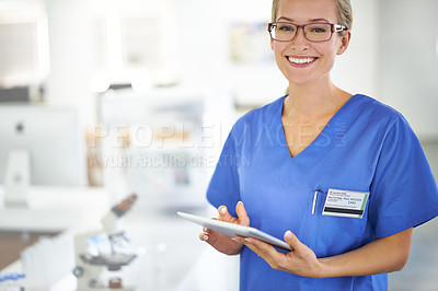 Buy stock photo Medical, portrait and woman research with tablet in laboratory with development in biotechnology. Doctor, typing or check results online of pharmaceutical report or review of innovation in science