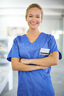 Buy stock photo Happy woman, portrait and professional nurse with career ambition or confidence for healthcare or science at hospital. Young female person or medical doctor with smile and arms crossed for PHD at lab