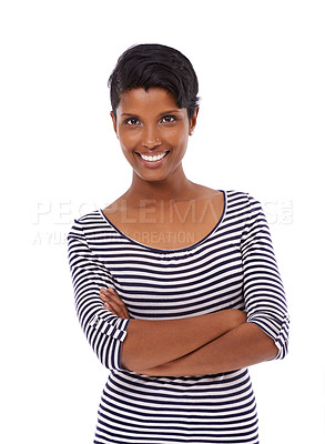 Buy stock photo Indian woman, arms crossed and smile in studio portrait with pride, fashion and confidence by white background. Girl, person or model with trendy clothes, edgy style and happy with shirt in Mumbai