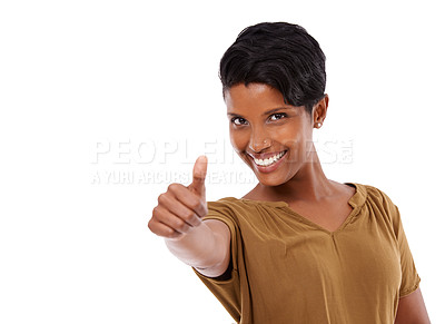 Buy stock photo Smile, thumbs up or portrait of woman in studio isolated on white background for feedback and review mockup. Sign language, okay or happy person with like gesture, agreement or yes icon for space