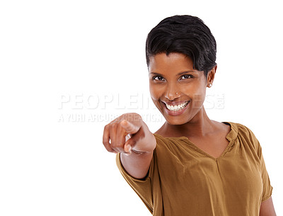 Buy stock photo Portrait, happy Indian woman or pointing to you for motivation or space on white background. Studio, winner mockup or person with gesture, choice or promo showing an opportunity, vote or selection 