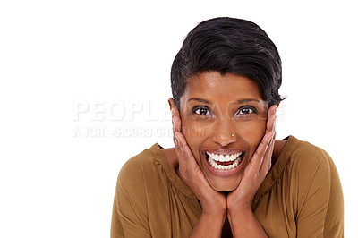 Buy stock photo Portrait, surprise or happy woman in studio for winning, reward announcement or bonus prize. Giveaway, mockup space or shocked lady with wow gesture, news or omg facial expression on white background
