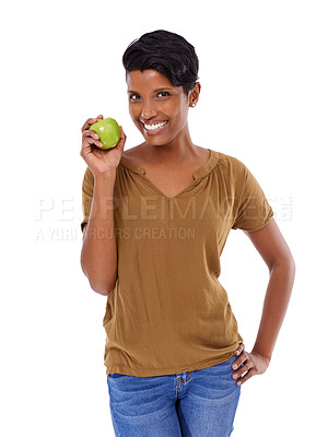 Buy stock photo Woman, portrait and smile in studio with apple for nutrition, healthy diet and wellness on white background. Model, indian person or face with fruit for vitamin c, fiber or lose weight with happiness