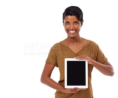 Buy stock photo Studio, portrait and woman with tablet, screen for social media or networking subscription. Internet, smile and Indian girl with digital app for news, streaming or website on white background mockup