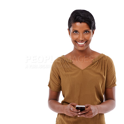 Buy stock photo Woman, phone and texting in studio portrait with space, mockup and connection by white background. Girl, model and person with smartphone for promotion, contact and smile with app for social network