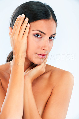 Buy stock photo Skincare, portrait and woman in studio with hands on soft skin, dermatology or smooth texture results on white background. Body, beauty and face of female model with cosmetic wellness, pride or glow