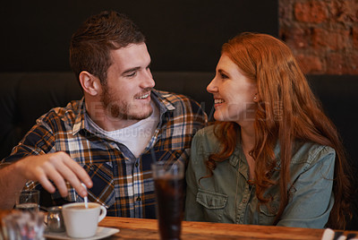 Buy stock photo Couple, smile and lunch on date at cafe for bonding, drinks and healthy relationship with relax. Man, woman and romance at coffee shop with happiness, beverage and anniversary vacation in New York