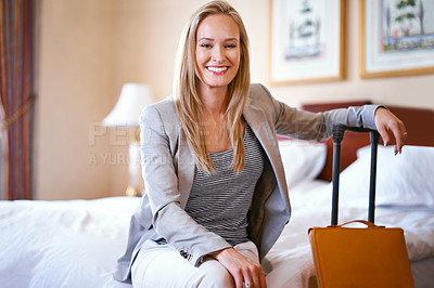 Buy stock photo Hotel, travel and portrait of business woman for work trip, global conference and meeting. Accommodation, professional worker and happy person with suitcase in bedroom for career, working and job