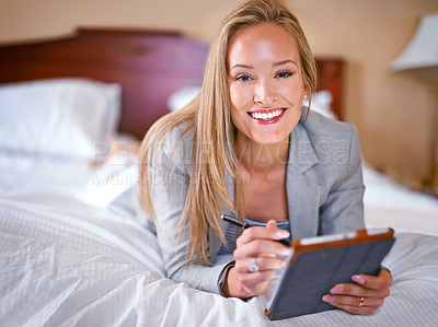Buy stock photo Bedroom, tablet and portrait of business woman for website, social media and networking in hotel. Professional, remote work and person on digital tech for contact, research and internet on trip