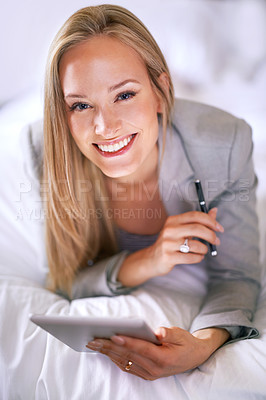 Buy stock photo Business, woman and technology in bedroom with portrait for corporate planning, digital tablet and happiness. Professional, person and touchscreen for writing review notes or internet search in hotel