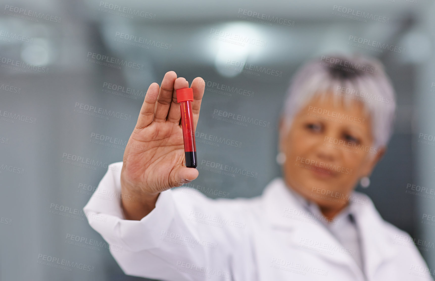 Buy stock photo Science, blood sample and woman with test tube in laboratory for medical research and analysis study. Healthcare, biotechnology and scientist for vaccine development, DNA experiment and medicine
