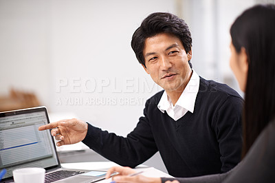 Buy stock photo People, help and work on collaboration with laptop in Japanese business with teamwork and consultation. Project, ideas and asian man explain process on computer to person with support in conversation