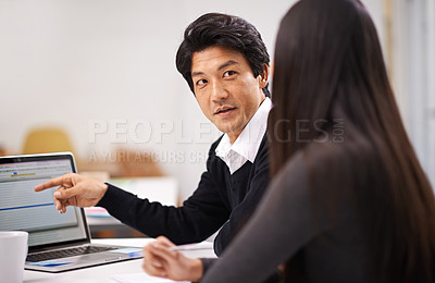 Buy stock photo People, help and learning to work with laptop in Japanese business with teamwork and mentor with feedback. Project, site and man explain process on computer to person with support in training