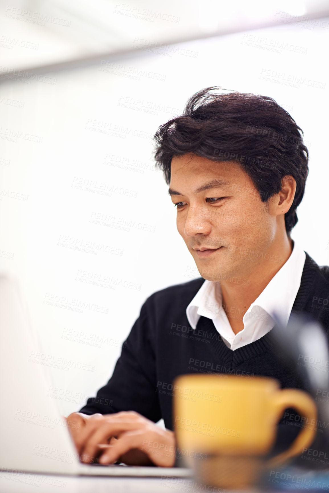 Buy stock photo Professional, laptop and asian business man in office for communication, chat or email. Corporate, entrepreneur and Japanese male employee with technology for internet, website and planning 