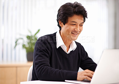 Buy stock photo Businessman, laptop and professional asian employee in office for communication, chat or email. Corporate, entrepreneur and Japanese male worker with technology for internet, website and planning