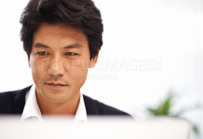 Buy stock photo Serious, businessman and employee working on tech in office of IT company with connection to internet. Adult, guy and male person in corporate, professional and online with concentration for project