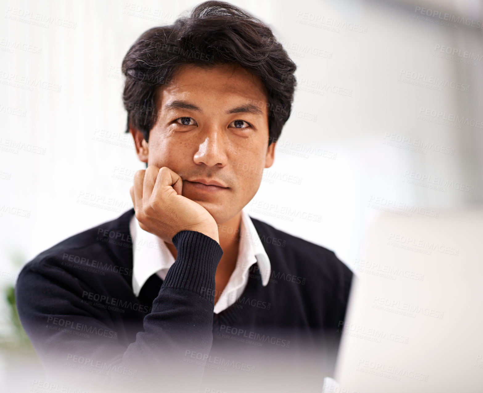 Buy stock photo Serious, businessman and portrait of employee with laptop on desk working with internet online. Adult, Asian male person and staff in corporate company to research on website and social media