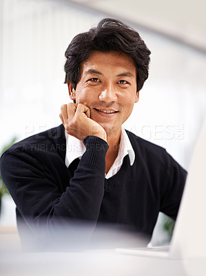 Buy stock photo Smile, businessman and portrait of employee with laptop on desk working with internet online. Adult, Asian male person and staff in corporate company to research on website and social media