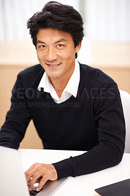 Buy stock photo Consultant, laptop and asian business man in office for communication, schedule or typing email. Corporate, professional and Japanese male employee with technology for internet, website and planning