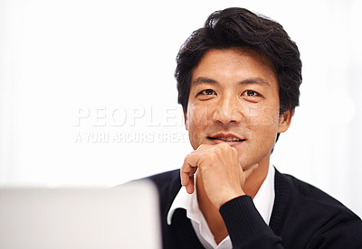 Buy stock photo Portrait, laptop and asian business man in workplace for management, professional or entrepreneur. Corporate, information and Japanese employee with computer for schedule, internet and typing email