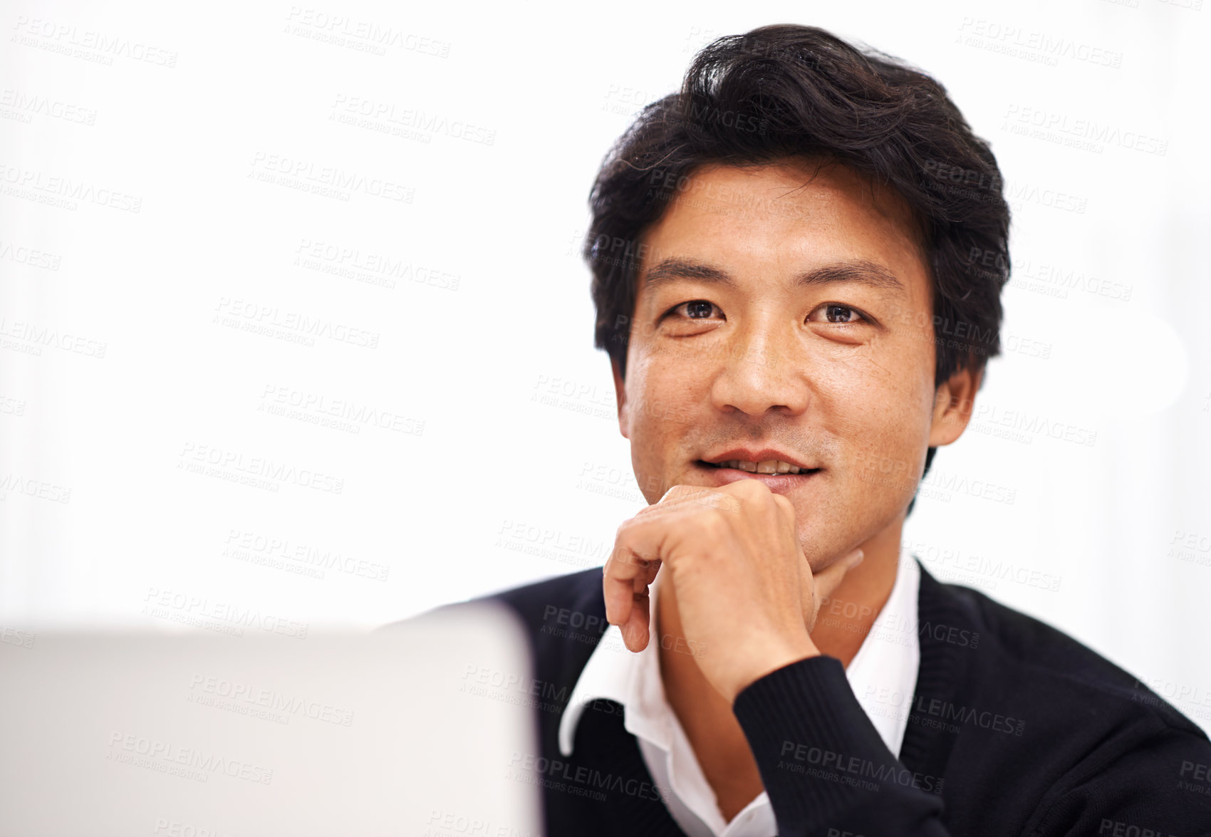 Buy stock photo Portrait, laptop and asian business man in workplace for management, professional or entrepreneur. Corporate, information and Japanese employee with computer for schedule, internet and typing email