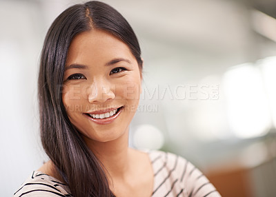 Buy stock photo Asian woman, portrait and office for creative business as copy writer for company or agency. Japanese person, smile and startup for project for workplace or job, editor and designer from Tokyo.