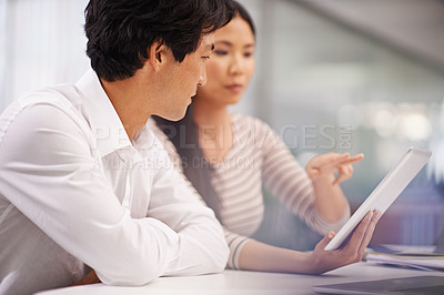 Buy stock photo Help, people and work in collaboration with tablet at Japanese startup with teamwork. Planning, project and mentor training in Tokyo office with online research on tech with feedback or advice