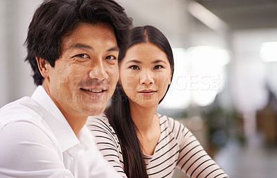 Buy stock photo Couple, smile and portrait in studio for professional, career and corporate for job and style indoor on mockup. Coworkers, colleagues or asian people and happy with confidence for partnership