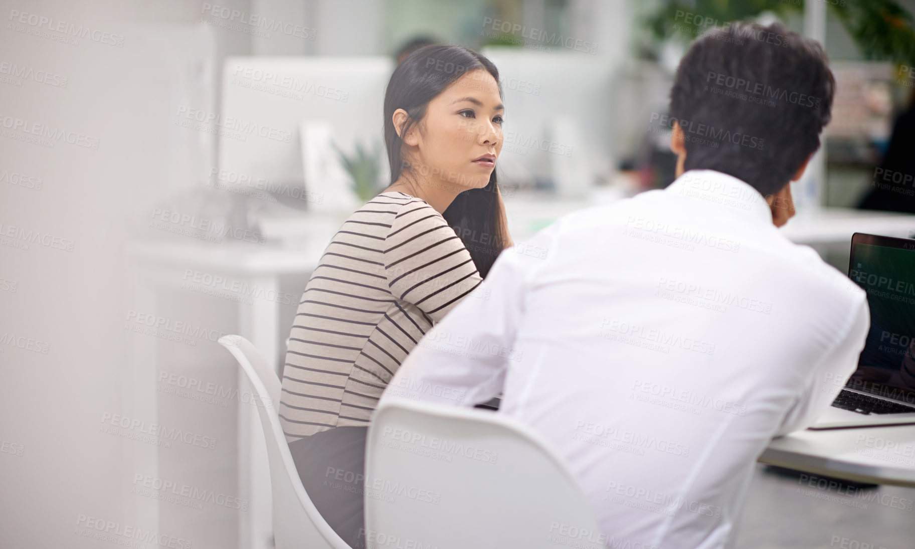 Buy stock photo Business, cooperation and people in conversation at office with feedback on project collaboration. Japanese, employee and talking to businessman with discussion of ideas, development or teamwork