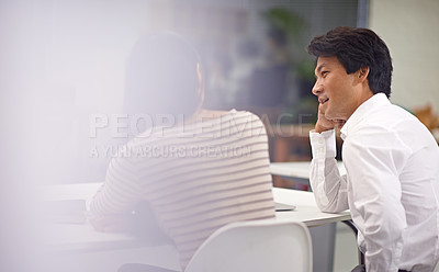 Buy stock photo Office, cooperation and people in conversation of business with feedback on project collaboration. Japanese, employee and businessman learning from discussion of ideas, development or social teamwork