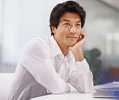 Buy stock photo Thinking, brainstorming and business Asian man in office for problem solving, ideas and solution. Professional, corporate worker and person wondering, thoughtful and planning for career, job and work