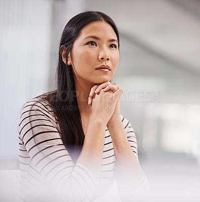 Buy stock photo Asian woman, thinking and business with vision at office for career ambition, idea or choice. Female person or creative employee in wonder or thought for startup, decision or dream at the workplace