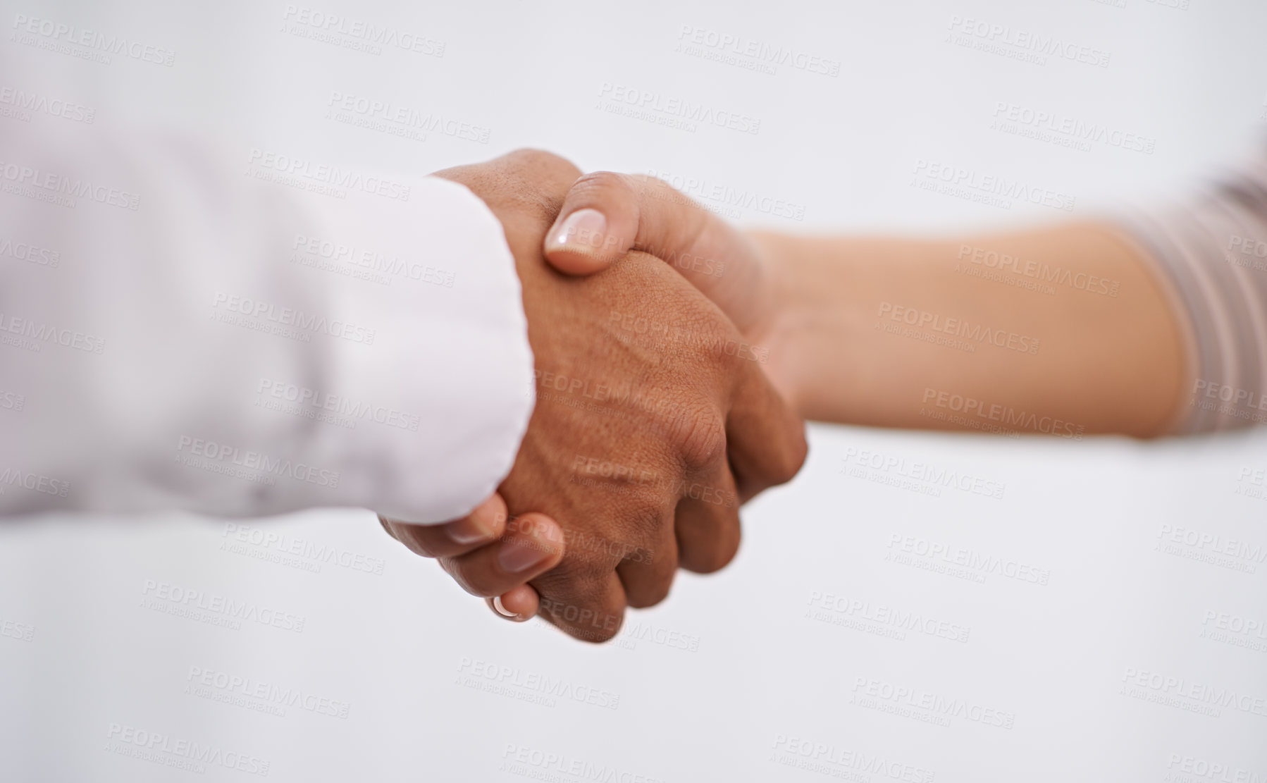 Buy stock photo Business people, handshake and meeting with partnership in deal, b2b or agreement together at office. Closeup of employees or colleagues shaking hands for greeting, thank you or teamwork at workplace